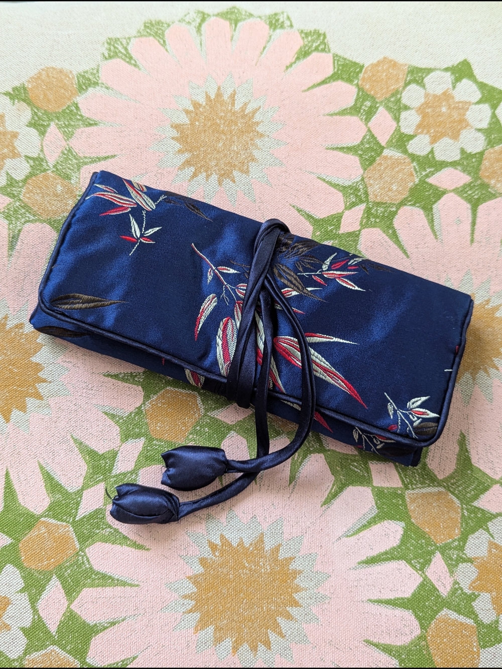 Navy Floral Satin Roll-Up Travel Jewelry Pouch